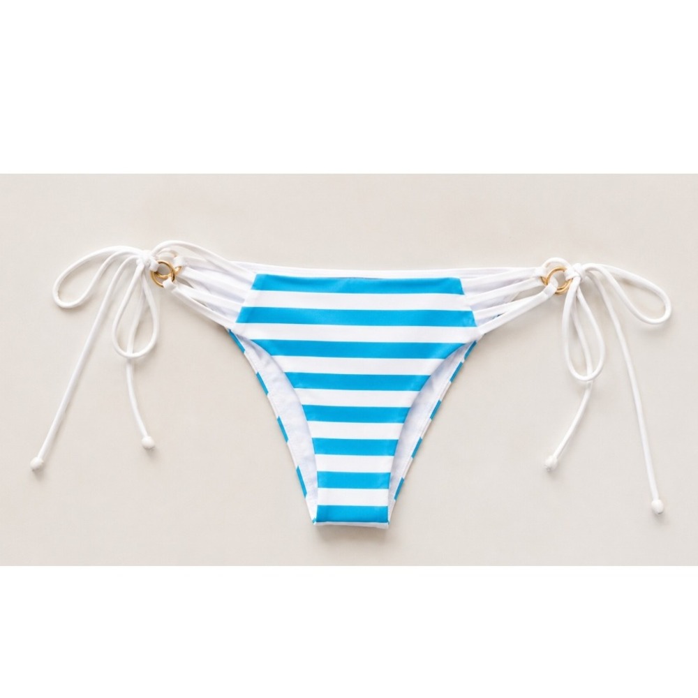 Relleciga Women's Turquoise Striped Side Tie Triangle Bikini Bottom Size S‎ NWOT